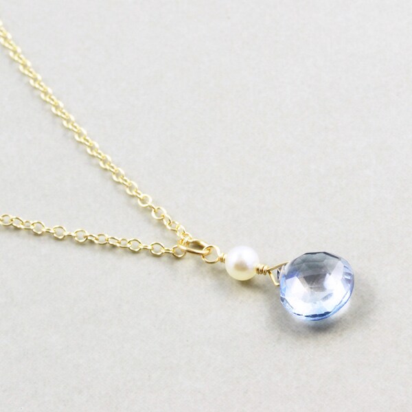 Blue Quartz Drop Necklace, White Pearl Necklace, Bridesmaid, Silver or Gold