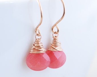 Cherry Jade Dangle Earrings, Raspberry Drop Earrings, Rose Gold Earrings, Bridesmaid Gift