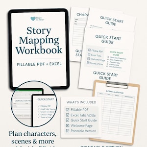 Może przedstawiać: Cyfrowy zeszyt ćwiczeń do mapowania historii na tablecie, z dołączonymi plikami PDF do wypełnienia i kartami Excel. Obraz pokazuje również przewodniki szybkiego startu i arkusz mapowania scen. Zeszyt ćwiczeń pomaga planować postacie i sceny.