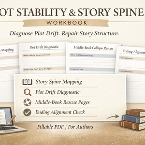 May include: Workbook titled "PLOT STABILITY & STORY SPINE" with the subtitle "Diagnose Plot Drift. Repair Story Structure." Includes worksheets for story mapping, plot diagnostics, and ending alignment. A laptop and a stack of books are also shown.