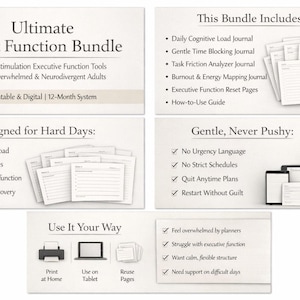 May include: The Ultimate Quiet Function Bundle, a printable and digital 12-month system for overwhelmed and neurodivergent adults. Includes journals, guides, and tools for managing mental overload, burnout, and executive dysfunction. Use it at home, on a tablet, or reuse pages.