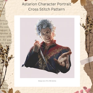 Peut inclure: Un modèle de point de croix représentant un portrait de personnage sur fond blanc. Le personnage est un homme aux cheveux blancs, vêtu d'une tenue bleu foncé et rouge. Il tient un poignard dans sa main droite et tend sa main gauche vers le spectateur. Le titre du modèle est "Astarion Character Portrait Cross Stitch Pattern". La taille du motif est de 270 x 300 points. La difficulté est notée avec cinq étoiles. Le copyright est "99 Cent Cross Stitch 2024".