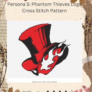 May include: A cross stitch pattern of the Persona 5 Phantom Thieves logo. The logo is a red and black hat with a flame design. The pattern is 208 stitches wide and 161 stitches tall. The difficulty of the pattern is rated with four stars.