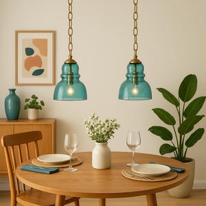 Two Vintage Turquoise Swag Lamps: Mid-Century Modern Plug-In Hanging Lights