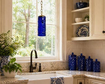 Rare Vintage Neiman Marcus Cobalt Blue Swag Lamp Hanging Light Plug In Pendant