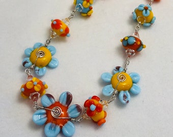 Spring Flowers Lampwork Glass Bead Necklace