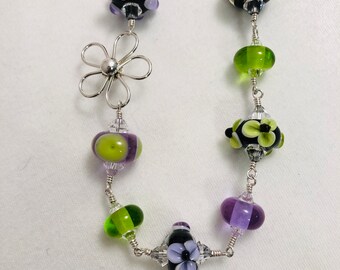 Lavendar and Green Lampwork Glass Bead Necklace