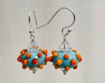 Turquoise and Orange Lampwork Glass Earrings