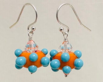 Turquoise and Orange Lampwork Glass Earrings