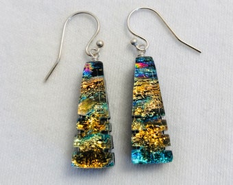 Golden Rainbow Dichroic Glass Dangle Earrings