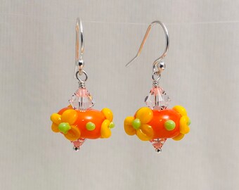 Yellow and Orange Flower Lampwork Glass Earrings