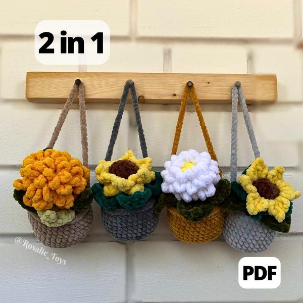 2 in 1 The Sunflower and Dahlia Potted Plants Crochet Pattern | Amigurumi sunflower and dahlia pot pattern | Crochet flower pot | PDF
