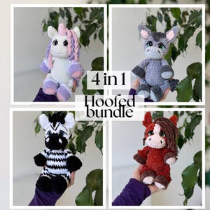 May include: A set of four crocheted stuffed animals, including a unicorn, a zebra, a donkey, and a horse. The animals are all in a sitting position and have large, expressive eyes. The text "4 in 1 Hooved Bundle" is displayed in the center of the image.