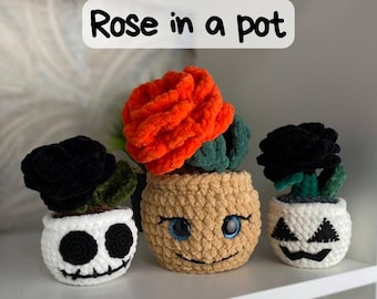 ダークローズの花のかぎ針編みパターン、ハロウィン用の黒いバラ ダークローズの花のかぎ針編みパターン、ハロウィン用の黒いバラ