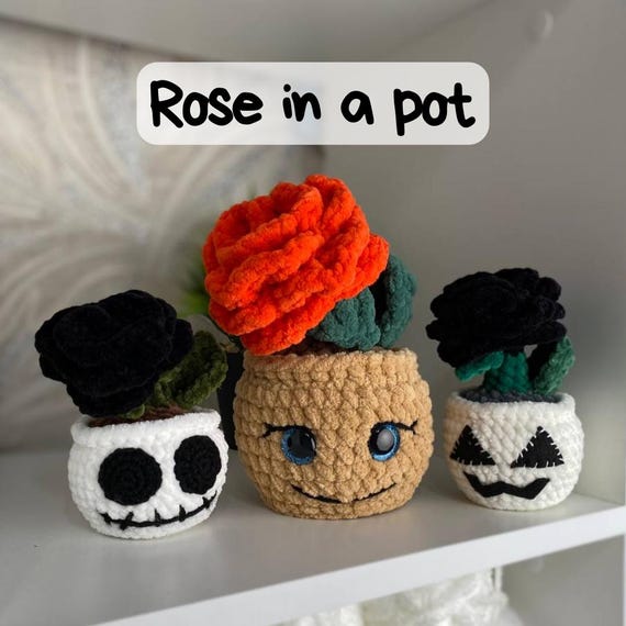 black rose toy The Roses in a pot crochet pattern | Amigurumi black rose pattern |  Halloween black rose pattern | English PDF pattern