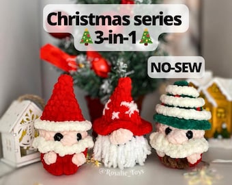 Pode incluir: Três gnomos de Natal de crochê, um Papai Noel, um mago e um gnomo de árvore de Natal. Os gnomos são vermelhos e brancos com olhos pretos e barbas brancas. O gnomo de árvore de Natal é verde e branco com uma estrela vermelha no topo. Os gnomos estão sentados em uma mesa em frente a uma árvore de Natal. O texto "Christmas series 3-in-1 NO-SEW" está na imagem.