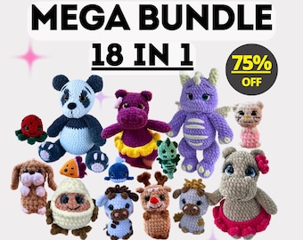 Bundle 18-in-1 Hippo Gloria Crochet Pattern. Dragon, Panda, Doggy, Kitty, Cow, Octopus, Reindeer, Whale, Egg Crochet Pattern Amigurumi