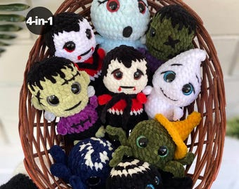 Halloween 4in1 bundle crochet pattern | Amigurumi spider with hat pattern | Ghost the boo pattern | Frankenstein pattern | Vampire Dracula