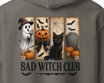 Bella + Canvas Bad Witch Club Halloween Hoodie, Oversized Spooky Ghost Pumpkin Black Cat Heavyweight Sweatshirt