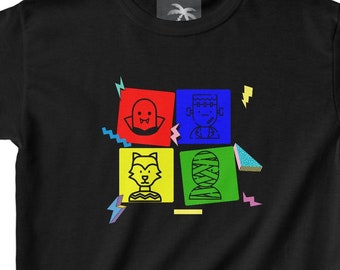 Funny Monster Kids Tee - "The Gang's All Here" Halloween Shirt / Vampire, Frankenstein, Mummy, Wolfman T-Shirt / Youth Gift