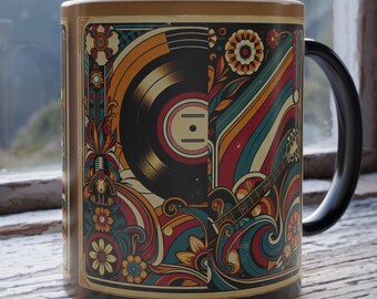 70's Retro Vibes Color Morphing Mug with Psychedelic Album Art, Heat Activated Magic Reveals Vintage Vinyl, Groovy Patterns & Floral Designs