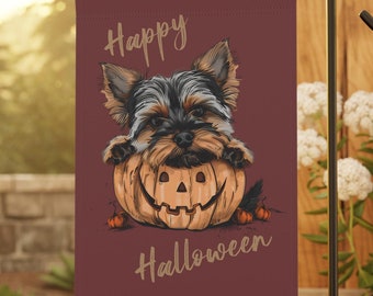 Halloween Yorkshire Terrier and Pumpkin Garden & House Banner / Halloween Banner / Halloween Dog and Pumpkin Yard Flag / Halloween Decor