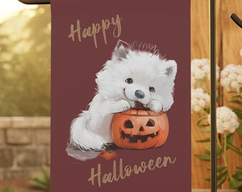 Halloween Samoyed Dog and Pumpkin Garden & House Banner / Halloween House Banner / Halloween Dog and Pumpkin Yard Flag / Halloween Decor