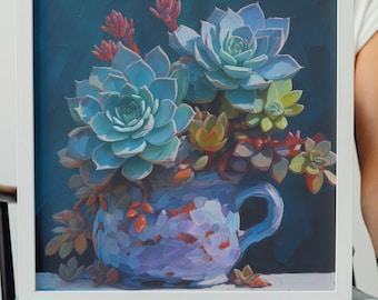 Succulents in a Blue Vase digital wall art/ succulent print/ vibrant and colorful succulents/ printable floral/ printable wall art/ download