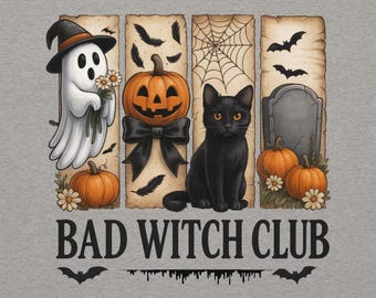 Bad Witch Club Halloween Sweatshirt by Cotton Heritage / Spooky Season Witchy Crewneck / Ghost Pumpkin Black Cat Fall Apparel
