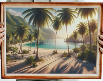 Paradise no.01 (1st in a series of 4), wall art print, digital download, tropical paradise, beach at sunset, painting