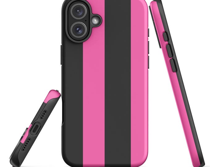 Featured listing image: Pink & Black Striped iPhone® Tough Case | Rugged Shockproof iPhone 11 12 13 14 15 16 Pro Max Mini Plus Cover | Protective