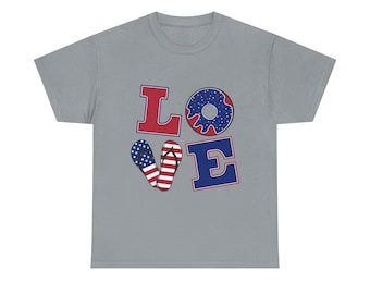 LOVE USA Shirt / Patriotic Red White and Blue Donut & Flip Flops Graphic Tee / 4th of July Summer Shirt / America Pride Gift Tee