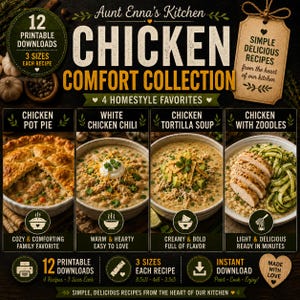 Huhn Rezept Bundle druckbar | Weisse Hühner Chili / Hühner Tortilla Suppe / Knoblauch Huhn mit Zoodles