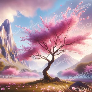 Japanese Blossom Tree Art Print: Mountain Landscape (Digital Download)