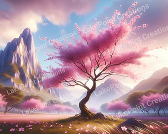 Serene Japanese Blossom Tree Blowing in the Wind Under a Majestic Mountain digital wall art download / Peaceful Landscape digital wall art