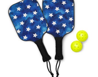 Watercolor Stars Pickleball Paddle Set / Patriotic USA Design /  Blue American Flag Paddles / comes with two Balls, 4th of July Gift