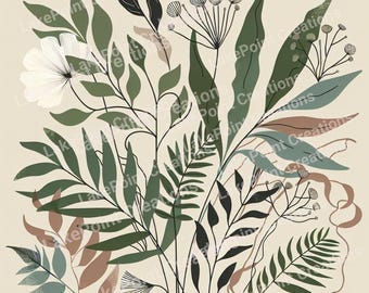 Boho Green Plant Wall Art Printable | Minimalist Botanical Print | Modern Neutral Plant Decor | Digital Download Artwork