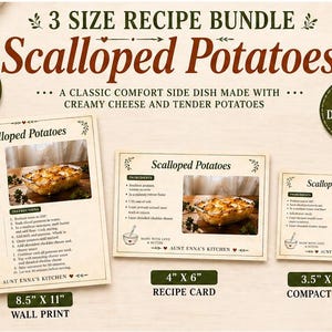 以下が含まれることがあります： グラタンポテトのレシピバンドル。ウォールプリント、レシピカード、コンパクトカードが含まれています。カードには料理の写真と材料と手順が記載されています。インスタントダウンロード。