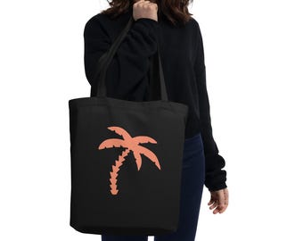 Stylish Black Tote Bag with Coral Pink Palm Tree Logo – LakePoint PalmTree Design – Eco-Friendly Beach, Grocery & Everyday Carryall