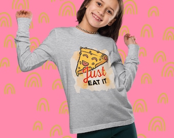Youth Pizza Shirt / Just Eat It Long Sleeve Tee /  Funny Kids Foodie Top / Teenager Gift / Tween Back to School Apparel / Boys Girls Clothes