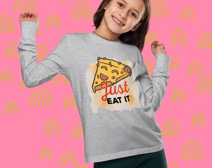 Featured listing image: Youth "Just Eat It" Pizza Shirt: Funny Foodie Long Sleeve Tee