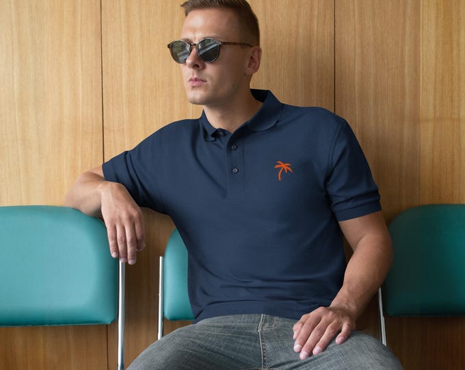 Featured listing image: Men's Palm Tree Polo Shirt / Embroidered LakePoint PalmTree Logo / Premium Cotton Golf Shirt / Coastal Summer Style Gift for Him