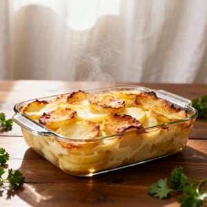 Op de afbeelding: Een rechthoekige glazen ovenschaal gevuld met aardappelgratin. De bovenste laag aardappelen is goudbruin, met stoom die uit de schaal opstijgt. De schaal staat op een houten oppervlak, met peterselie in de voorgrond.