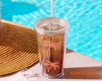 Palm Tree Tumbler with Straw / Iced Coffee Cup / Reusable Double Wall Plastic Mug / Tropical Summer Gift for Her / Beach Vacation Cup