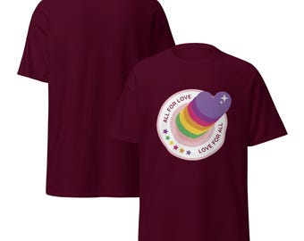 LGBTQ Pride Shirt – All For Love Rainbow Heart Graphic Tee / Gay Pride / Trans Pride / Unisex T-Shirt for All Genders / Pride Month