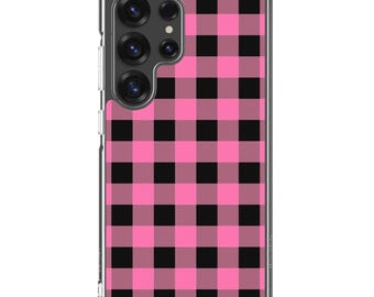 Pink Gingham Samsung® Phone Case, Galaxy S21 Case, S10, S22, S23, S24, S25, Custom Clear Case, Cute Phone Cover, Aesthetic Case