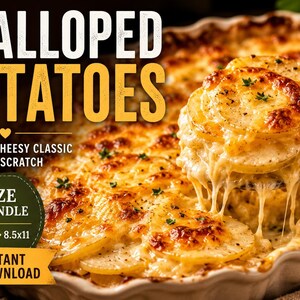 Scalloped Potatoes Recipe Printable Bundle, Recipe Card 4x6, Kitchen Wall Art, Farmhouse Kitchen Decor, Digital Download