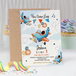 Editable Aeroplane Birthday Invitation Kids Plane Invite baby Boy 1st 2nd Kids Flying Instant Download Printable Template Digital Corjl