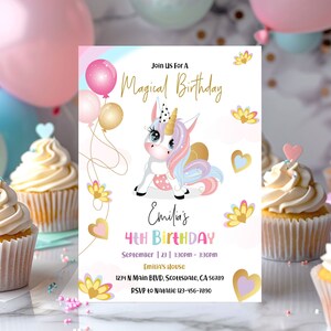 Unicorn birthday invitation for a girl 5x7 inches. A printable, editable, hand drawn template with a cute unicorn and balloons in pretty pastel shades of pink and purple on a white background. Matching thank you favor gift tag available.