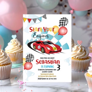 Start Your Engines boy birthday invitation 5x7 inch. A printable, editable, hand drawn red racing car with colourful flags and balloons with a chequered black and white flag on a white background with colourful letters. Matching favor tag available